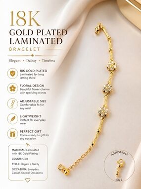 18K Gold-Plated Floral Charm Bracelet – Gold Women’s Jewelry